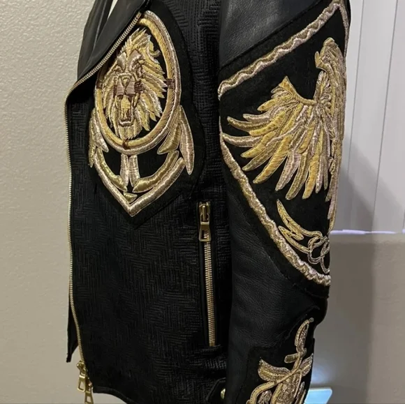 Balmain x H&M Gold Lion Embroidered Leather Jacket - Picture 2 of 11
